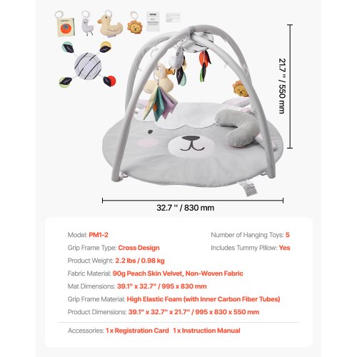 Baby Play Gym Mat Tummy Time Mat with 5 Sensory Toys Baby Activity Mat