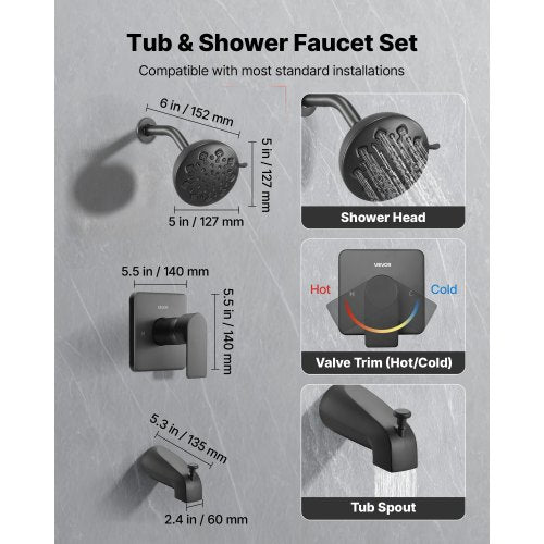 Tub and Shower Faucet Set 5Inch Rainfall Shower Head and Bathtub Spout
