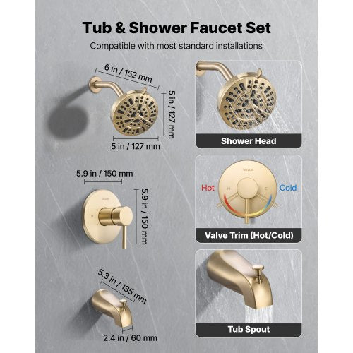 Tub and Shower Faucet Set Complete with 5Inch Rainfall Shower Head and Shower