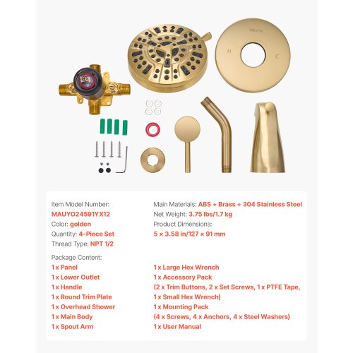 Tub and Shower Faucet Set Complete with 5Inch Rainfall Shower Head and Shower