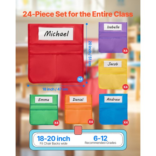Chair Pockets for Classroom 24 Pack 18 x 20 Inches Chairback Buddy Pocket
