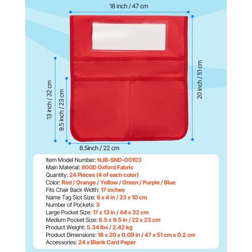 Chair Pockets for Classroom 24 Pack 18 x 20 Inches Chairback Buddy Pocket