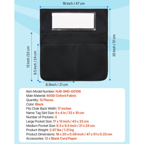 Chair Pockets for Classroom 12 Pack 18 x 20 Inches Chairback Buddy Pocket