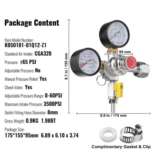 Double Gauge Regulator CO2 Regulator Gauge with 060PSI Heavy Duty CO2