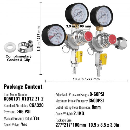Triple Gauge Regulator CO2 Regulator Gauge with 060PSI Heavy Duty CO2