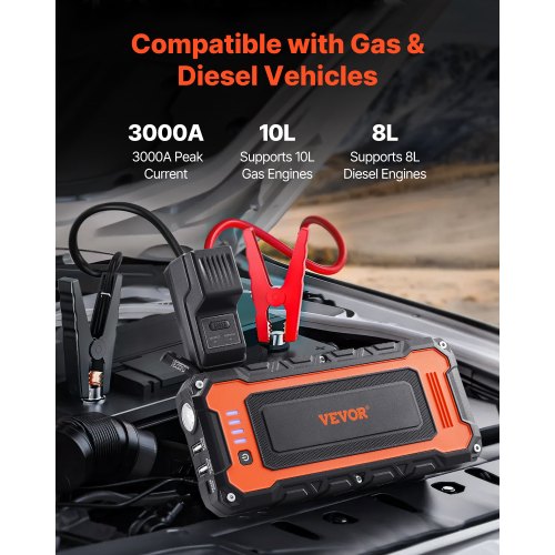 Jump Starter 3000A Peak Car Battery Starter Power Pack Portable Battery