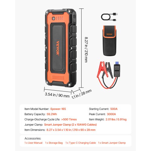 Jump Starter 3000A Peak Car Battery Starter Power Pack Portable Battery