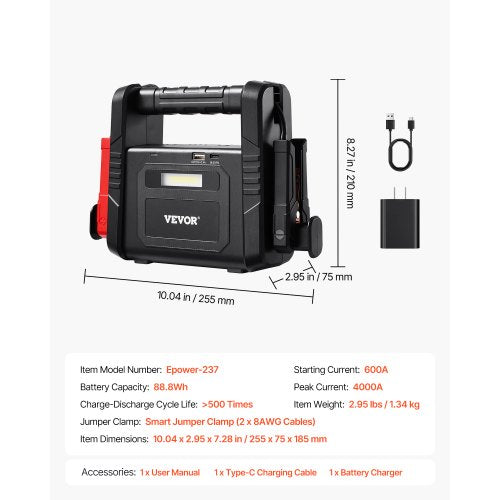 Jump Starter 4000A Peak Car Battery Starter Power Pack Portable Battery