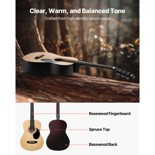 Dreadnought Acoustic Guitar 39 in 6String Natural Solid Spruce Top