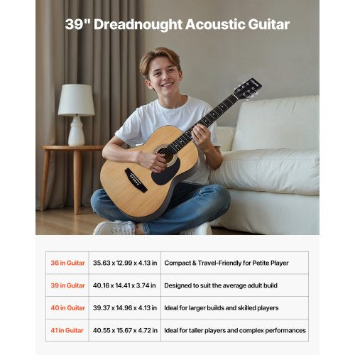Dreadnought Acoustic Guitar 39 in 6String Natural Solid Spruce Top
