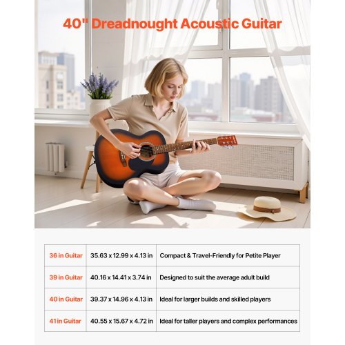 Dreadnought Acoustic Guitar 40 in 6String Sunburst Solid Top Guitar