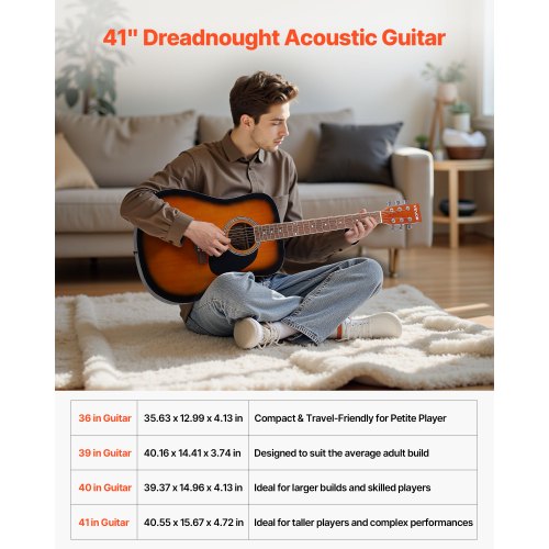 Dreadnought Acoustic Guitar 41 in 6String Sunburst Solid Spruce Top