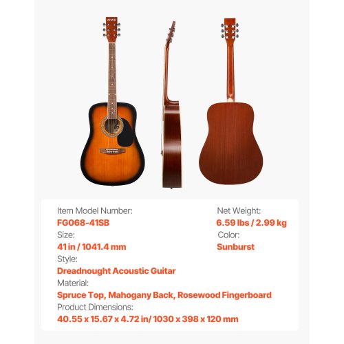 Dreadnought Acoustic Guitar 41 in 6String Sunburst Solid Spruce Top
