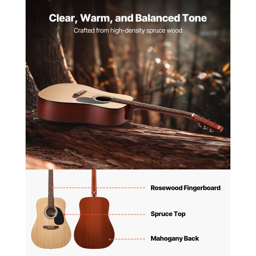 Dreadnought Acoustic Guitar 41 in 6String Natural Solid Spruce Top