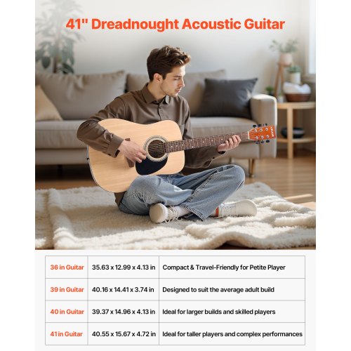 Dreadnought Acoustic Guitar 41 in 6String Natural Solid Spruce Top