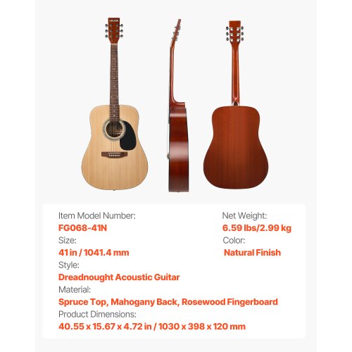 Dreadnought Acoustic Guitar 41 in 6String Natural Solid Spruce Top
