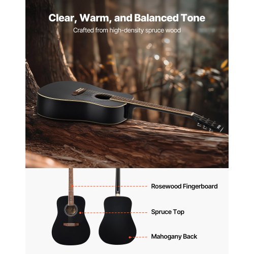 Dreadnought Acoustic Guitar 41 in 6String Black Solid Spruce Top Guitar