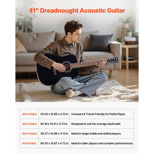 Dreadnought Acoustic Guitar 41 in 6String Black Solid Spruce Top Guitar