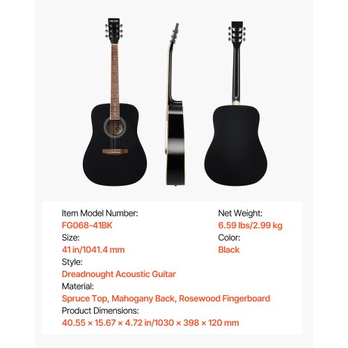 Dreadnought Acoustic Guitar 41 in 6String Black Solid Spruce Top Guitar