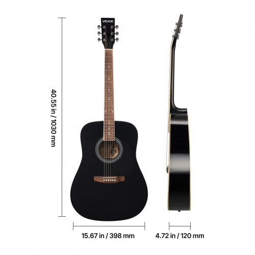 Dreadnought Acoustic Guitar 41 in 6String Black Solid Spruce Top Guitar