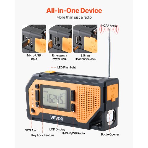 Emergency Weather Radio 2000mAh Battery FMAMWBNOAA Alert Solar Hand