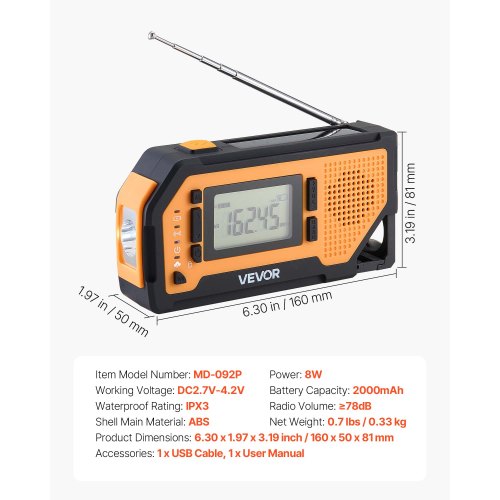 Emergency Weather Radio 2000mAh Battery FMAMWBNOAA Alert Solar Hand