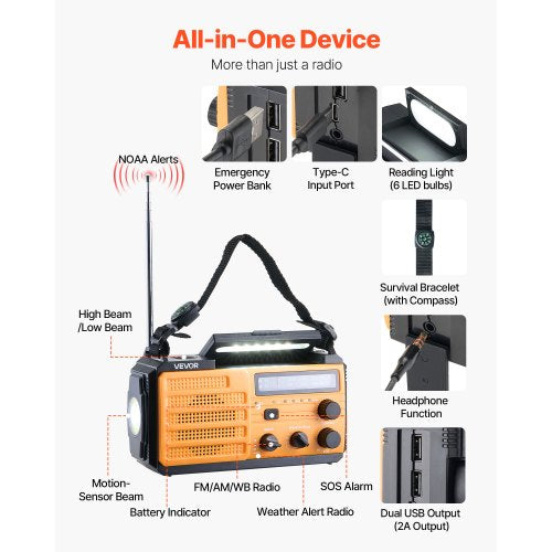 Emergency Weather Radio 8000mAh Battery FMAMWBNOAA Alert Solar Hand