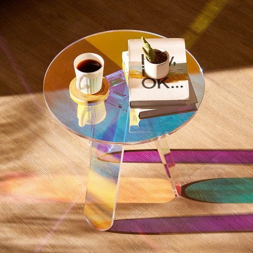 Round Iridescent Side Table Acrylic End Table Clear Rainbow Acrylic Coffee