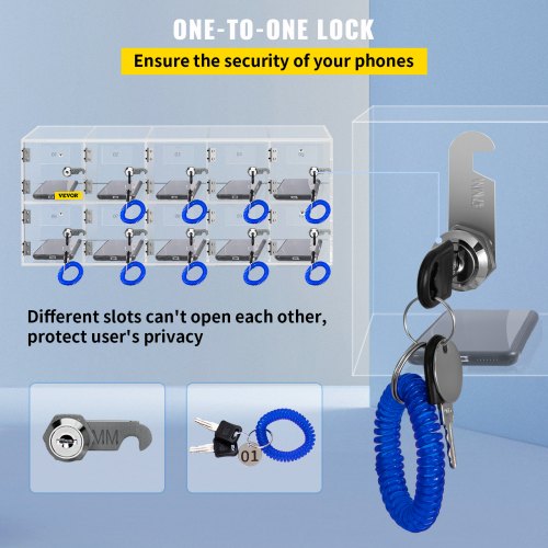 Cell Phone Storage Locker 10 Slots Acrylic Material with Door Locks and Keys