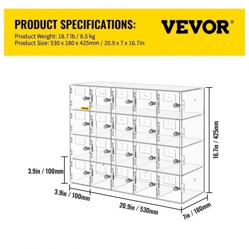 Cell Phone Storage Locker 20 Slots Acrylic Material with Door Locks and Keys