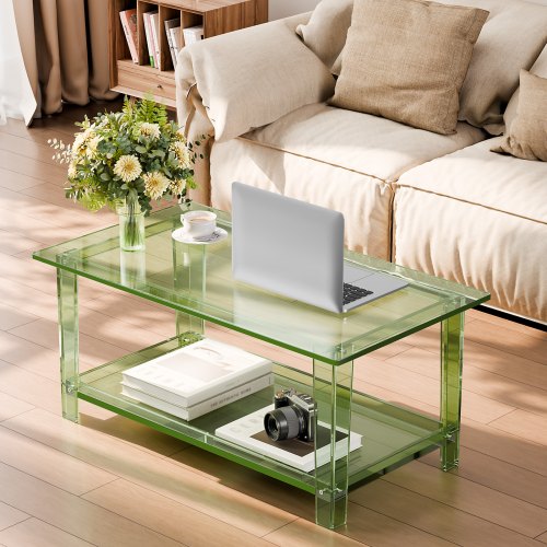 Acrylic Coffee Table 2 Tiers Center With Storage Shelf Modern Rectangle Desk