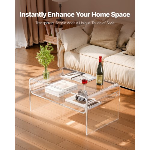 Acrylic Coffee Table 2 Tiers Center With Storage Shelf Modern Rectangle Desk lb