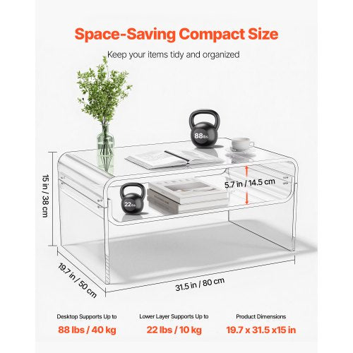 Acrylic Coffee Table 2 Tiers Center With Storage Shelf Modern Rectangle Desk lb