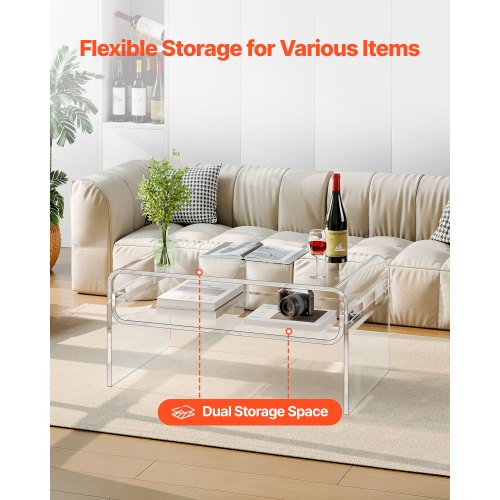 Acrylic Coffee Table 2 Tiers Center With Storage Shelf Modern Rectangle Desk lb