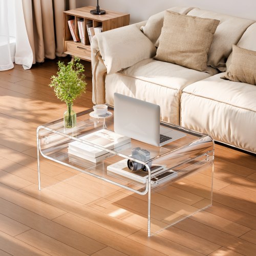 Acrylic Coffee Table 2 Tiers Center With Storage Shelf Modern Rectangle Desk lb