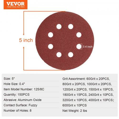 150 PCS 5 Inch Sanding Discs Set 8Hole Round Hook and Loop Sandpaper