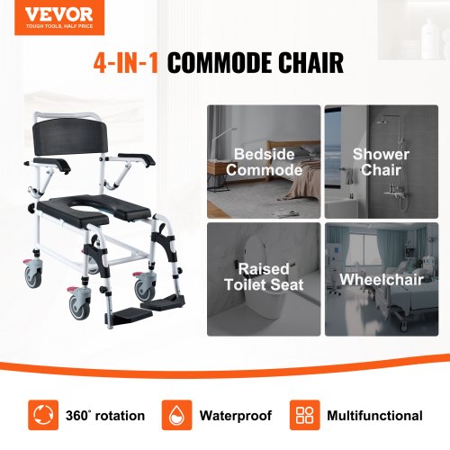 Shower Commode Wheelchair with 4 Lockable Wheels Footrests Flipup Arms