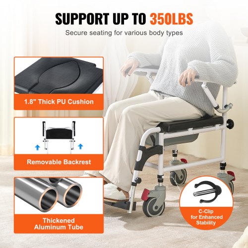 Shower Commode Wheelchair with 4 Lockable Wheels Footrests Flipup Arms