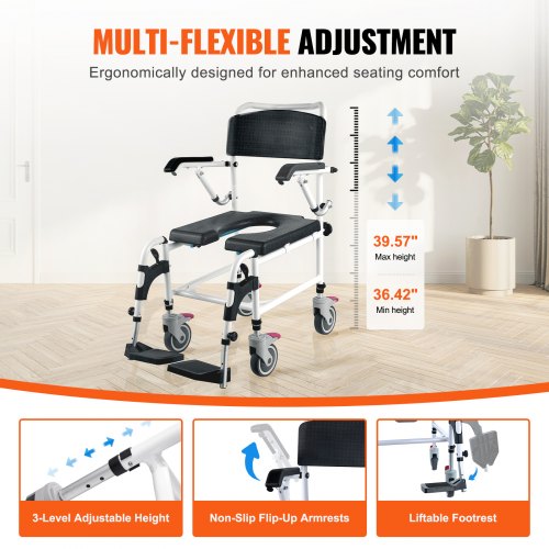 Shower Commode Wheelchair with 4 Lockable Wheels Footrests Flipup Arms