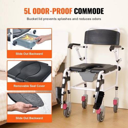 Shower Commode Wheelchair with 4 Lockable Wheels Footrests Flipup Arms