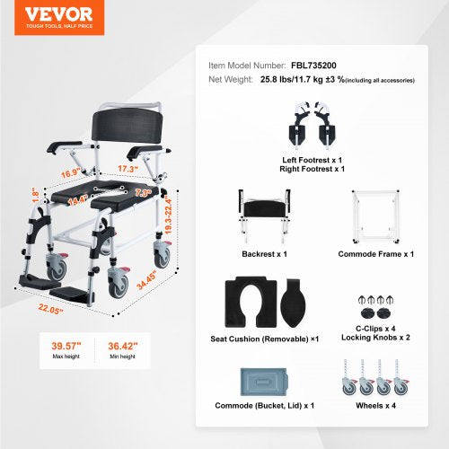 Shower Commode Wheelchair with 4 Lockable Wheels Footrests Flipup Arms