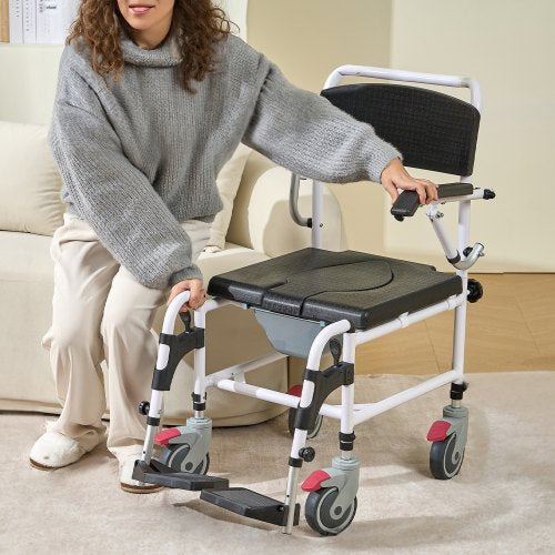 Shower Commode Wheelchair with 4 Lockable Wheels Footrests Flipup Arms