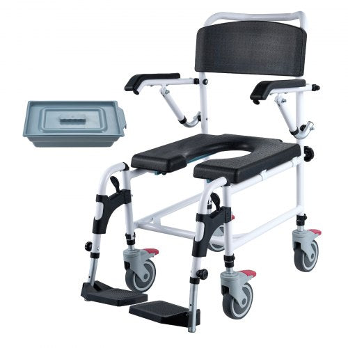 Shower Commode Wheelchair with 4 Lockable Wheels Footrests Flipup Arms