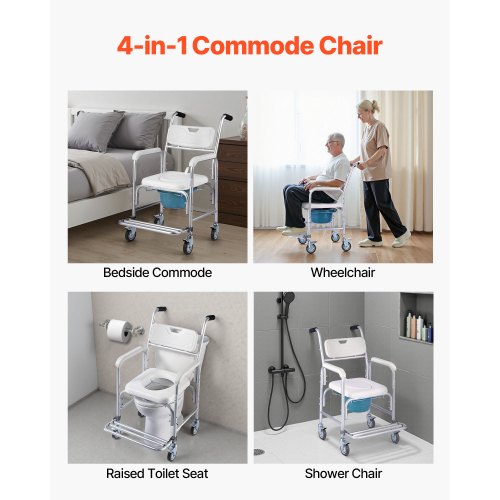 Bedside Commode Chair with Wheels 350 lbs Capacity 4in1 Portable Toilet