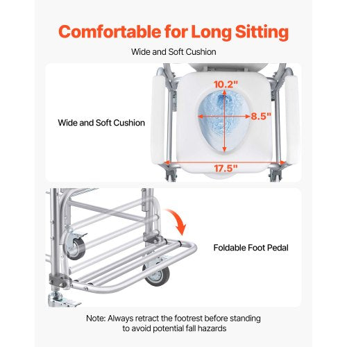 Bedside Commode Chair with Wheels 350 lbs Capacity 4in1 Portable Toilet