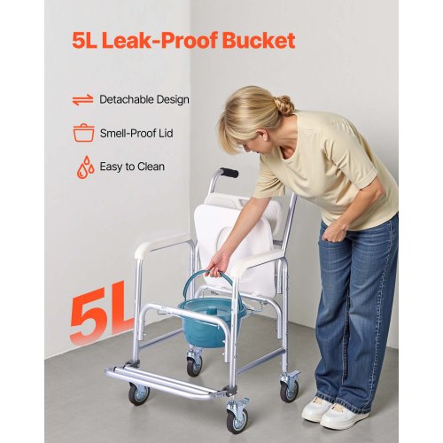 Bedside Commode Chair with Wheels 350 lbs Capacity 4in1 Portable Toilet