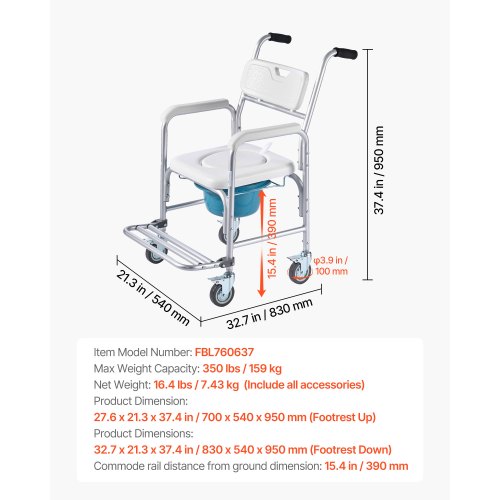 Bedside Commode Chair with Wheels 350 lbs Capacity 4in1 Portable Toilet