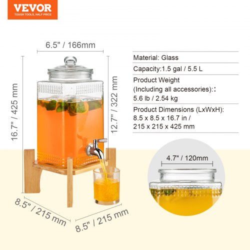 Beverage Dispenser 1.5 Gallon Drink Dispensers for Parties Glass Juice