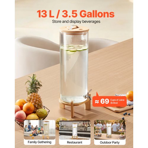 Beverage Dispenser 3.5 Gallon Drink Dispensers for Parties Glass Juice