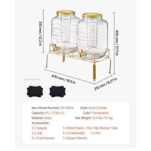 Beverage Dispenser 2 Pack 2 Gallon Drink Dispensers for Parties Glass